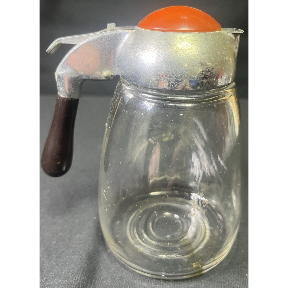 Vintage Large Glass Syrup Pitcher with Black Handle & Orange/Red Lid‎